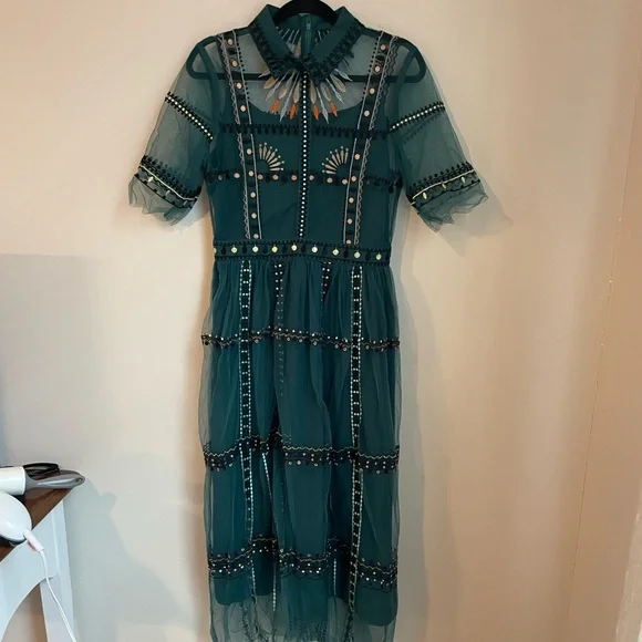 dark green embroidered dress Dark Green Leaf Embroidered Dress